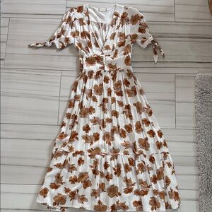 Altar'd State White Midi Dress with Brown Floral Print